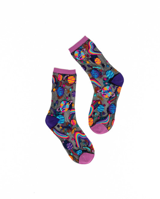 Chaussettes transparentes noires à motifs planètes pop art