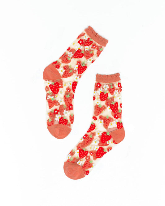 Chaussettes transparentes à fraises et marguerites avec volants
