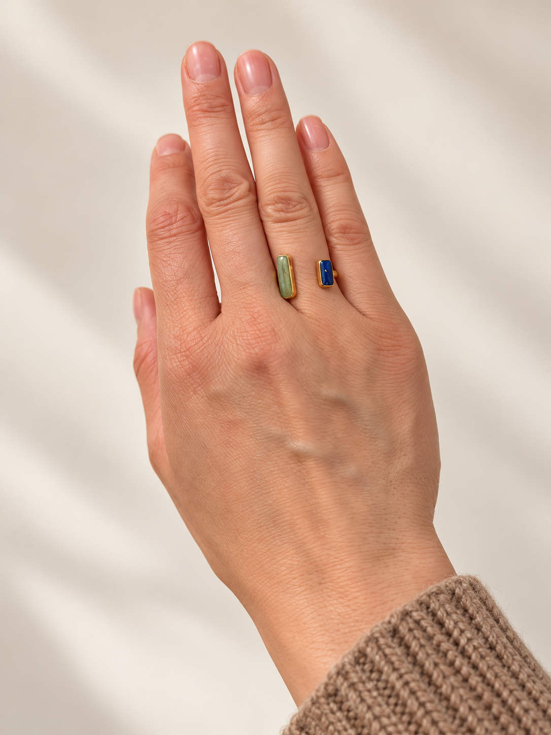 Bague ouverte or - Bague ajustable à pierres bleue et verte en acier inoxydable plaqué or