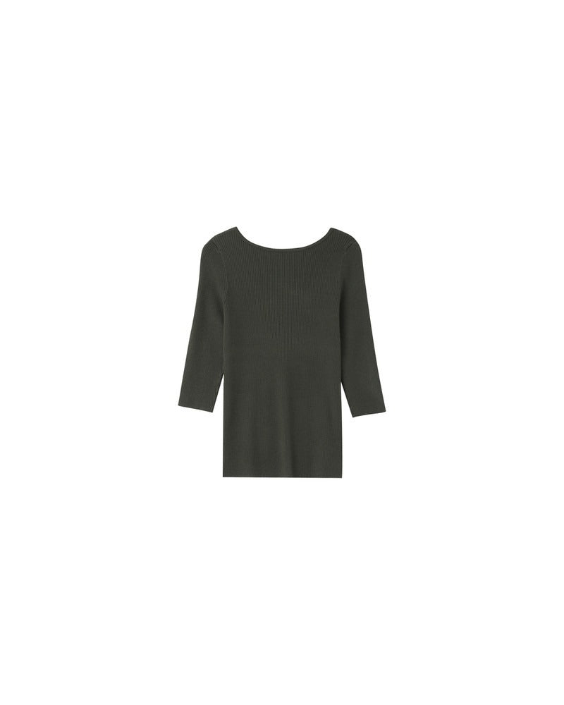 Pull côtelé en viscose couleur kaki manches 3/4