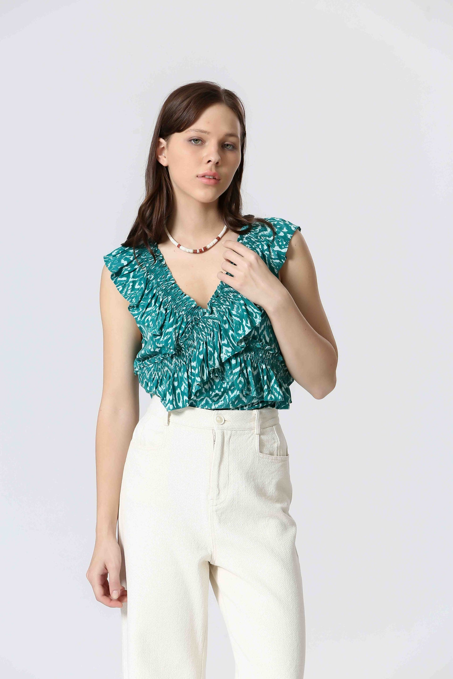 Annaelle Turquoise Débardeur turquoise imprimé ethnique à volants en viscose