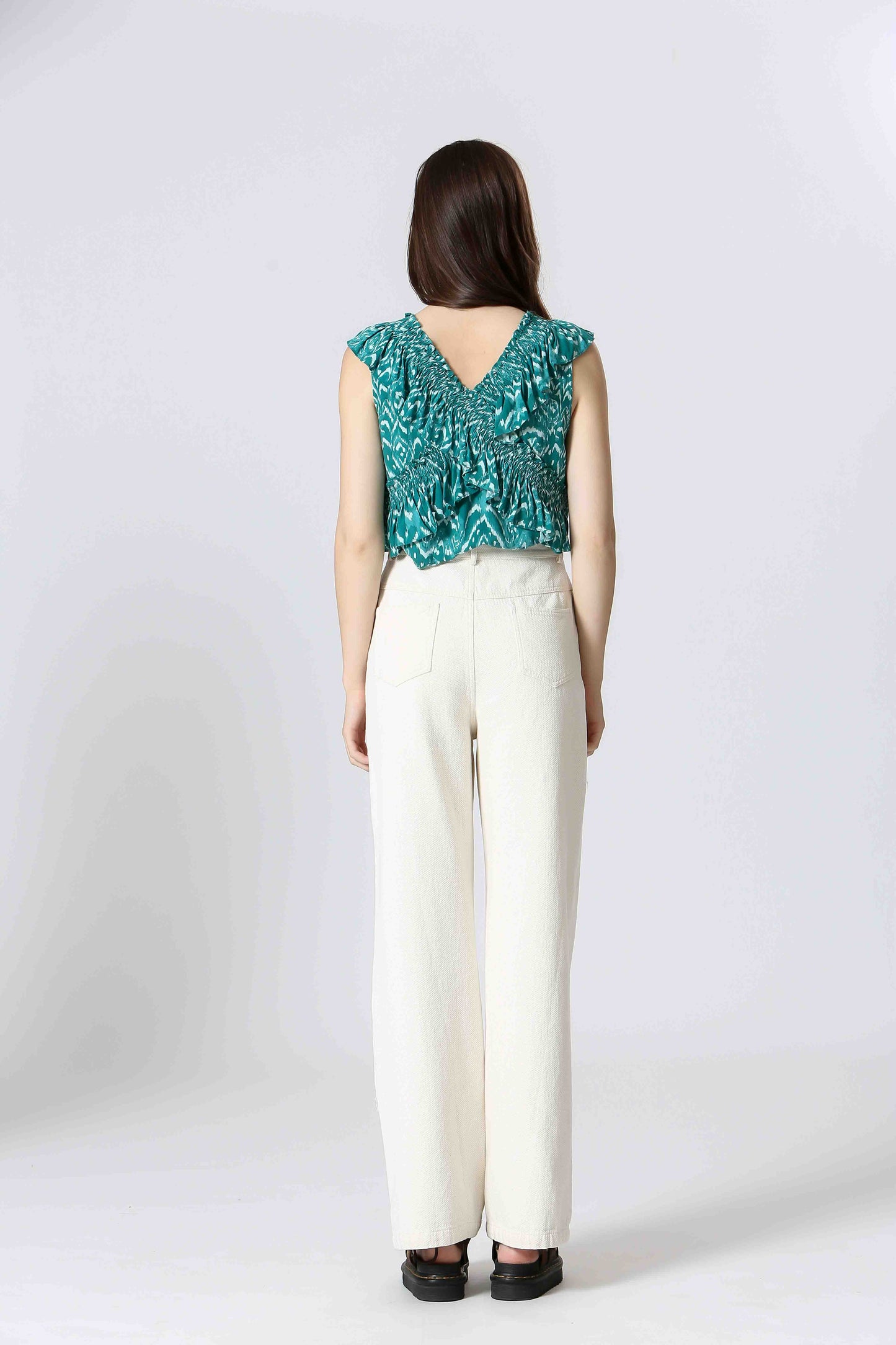 Annaelle Turquoise Débardeur turquoise imprimé ethnique à volants en viscose