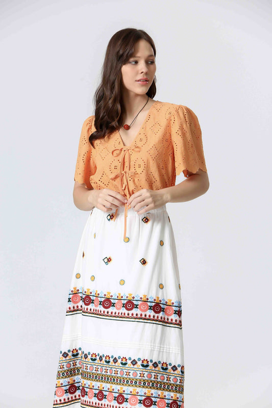 Shirley Orange - Blouse bohème en broderie anglaise