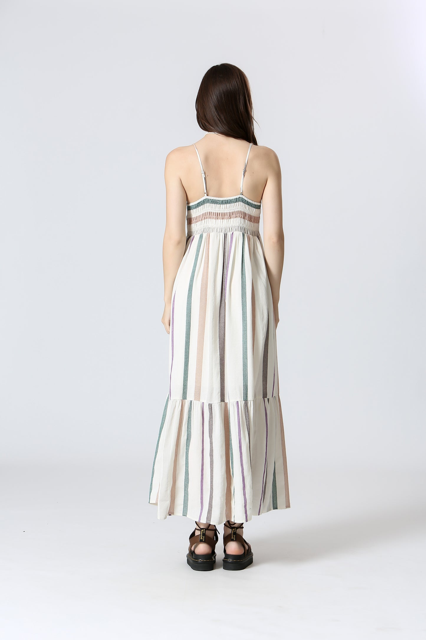 Léonie Beige Robe longue rayée coton fines bretelles coupe fluide
