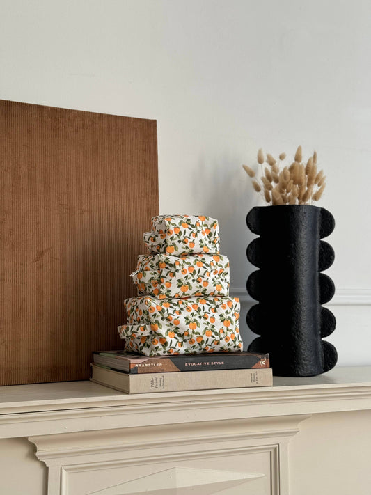 Ensemble de trousses maquillage coton motif clémentine empilées