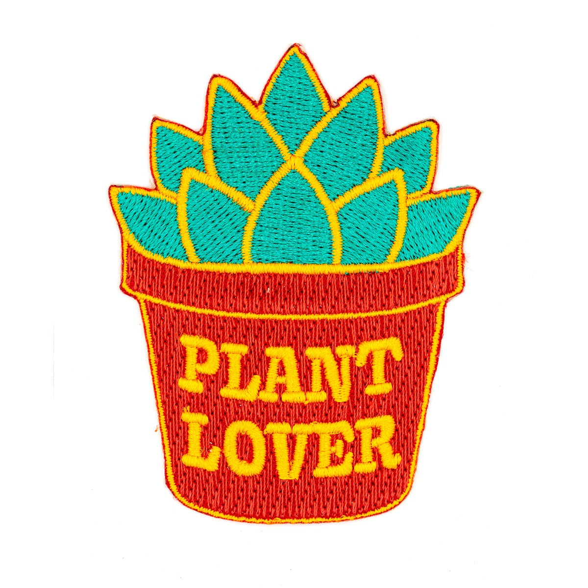 Patch en forme de succulente verte dans un pot rouge sur lequel est écrit en anglais Plant Lover. L’arrière-plan est un fond blanc.