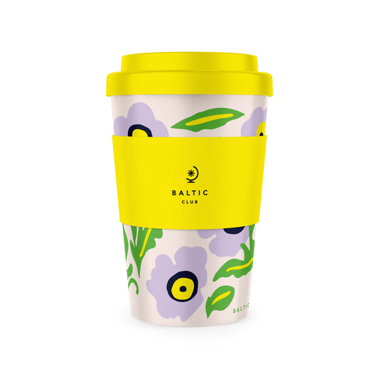 Tasse réutilisable Sérénade – 14 oz, motif floral lilas et manchon jaune vif