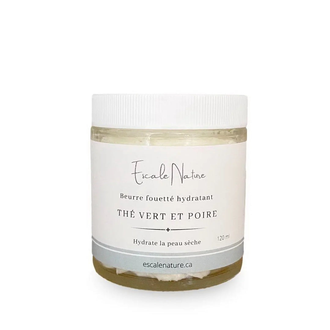 Description : pot de beurre fouetté hydratant thé vert et poire, à base de calendula et avoine, 120 ml