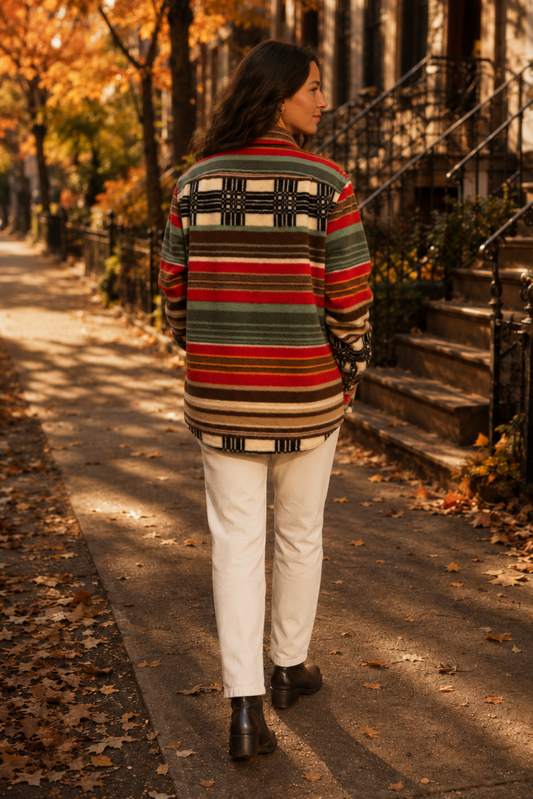 Veste Bowery Ethnique vue de dos, coupe droite et imprimé rayé coloré d’inspiration bohème.