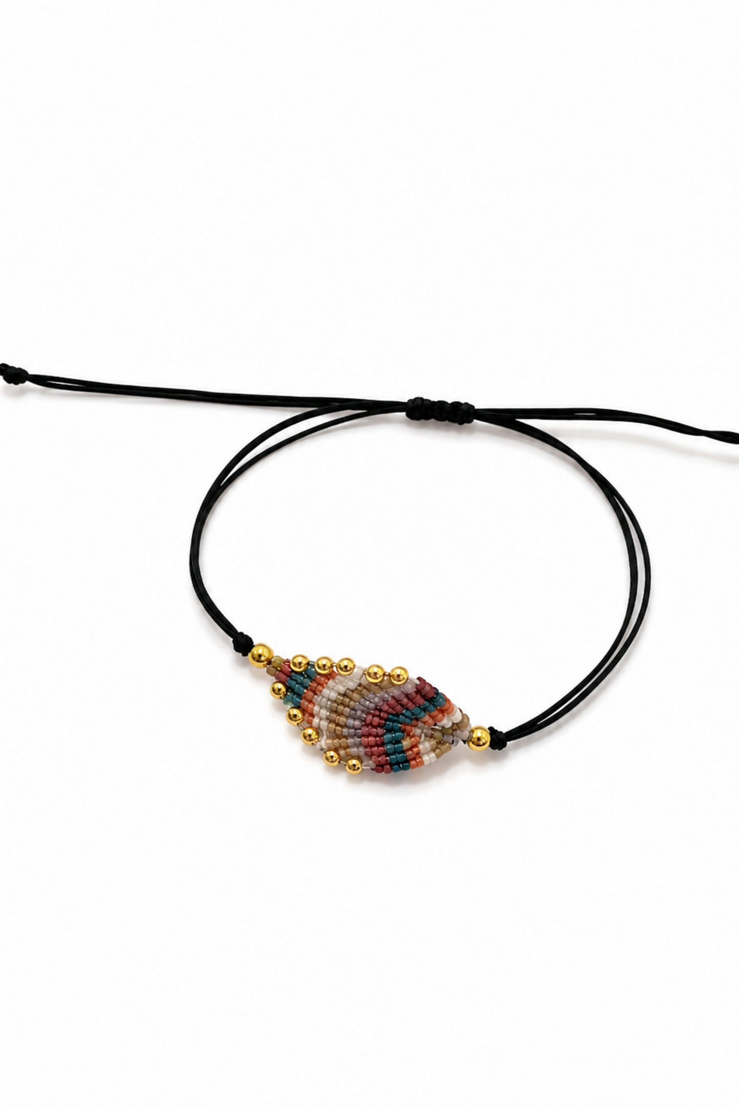 Bracelet bohème ajustable noir avec motif géométrique en perles colorées et détails dorés