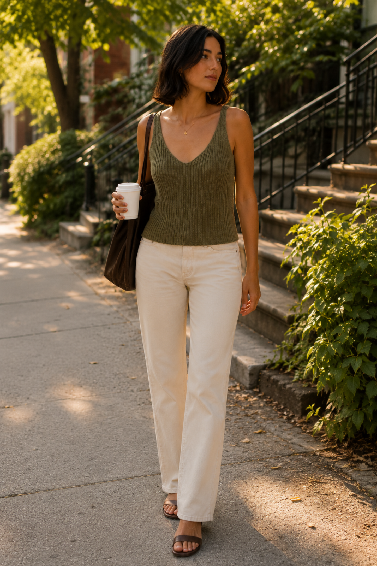 Camisole kaki portée avec pantalon crème en ambiance urbaine, coupe ajustée et style décontracté chic.
