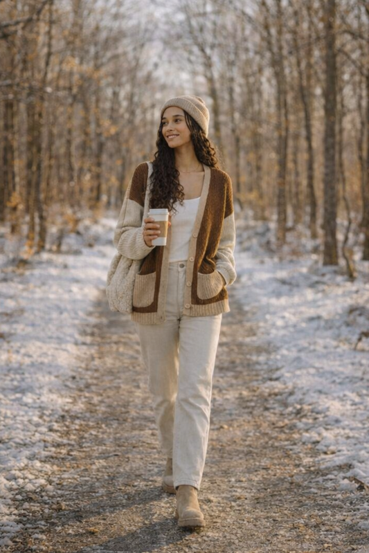 Cardigan maille brun et beige porte en look automnal en foret style cocooning