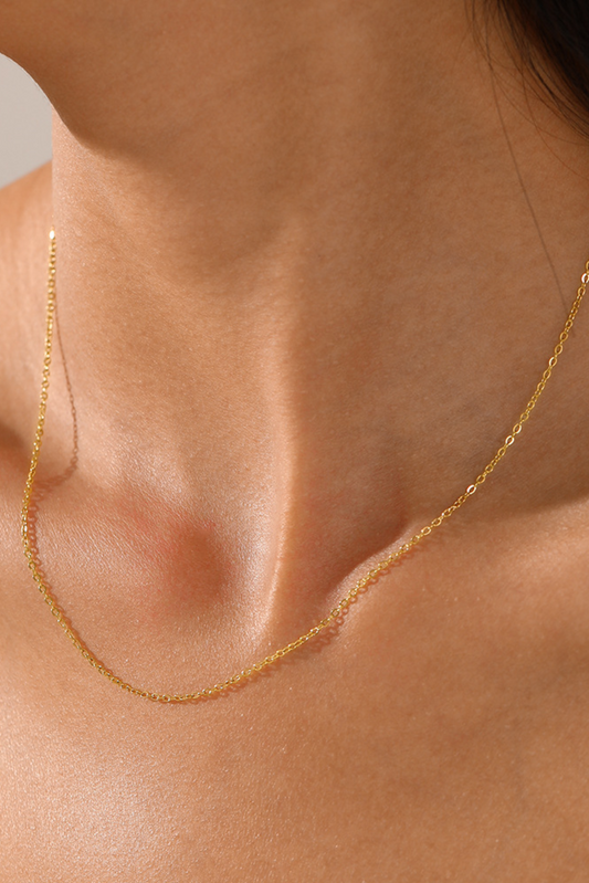 Description : Chaîne délicate portée au cou – effet minimaliste chic