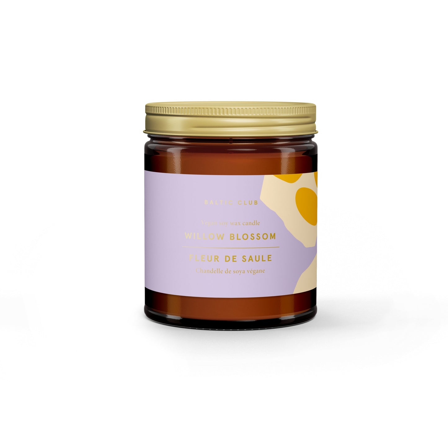 Chandelle Fleur de Saule – pot ambré avec étiquette lavande, chandelle végane