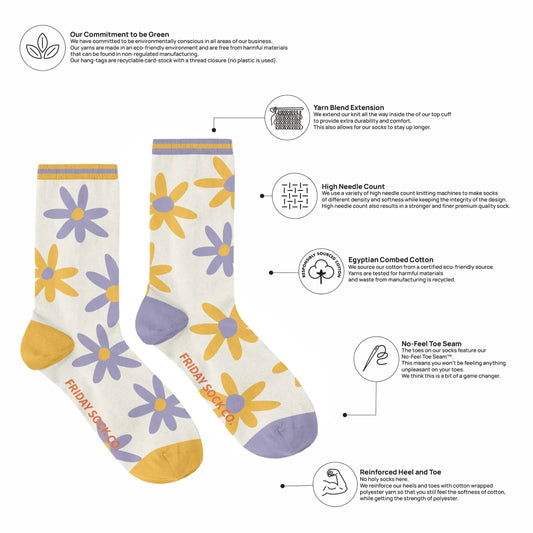 Fleurs jaunes et violettes chaussettes crème en coton égyptien