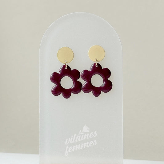 Boucles d’oreilles fleur aubergine fait main en argile de polymère et or 24K