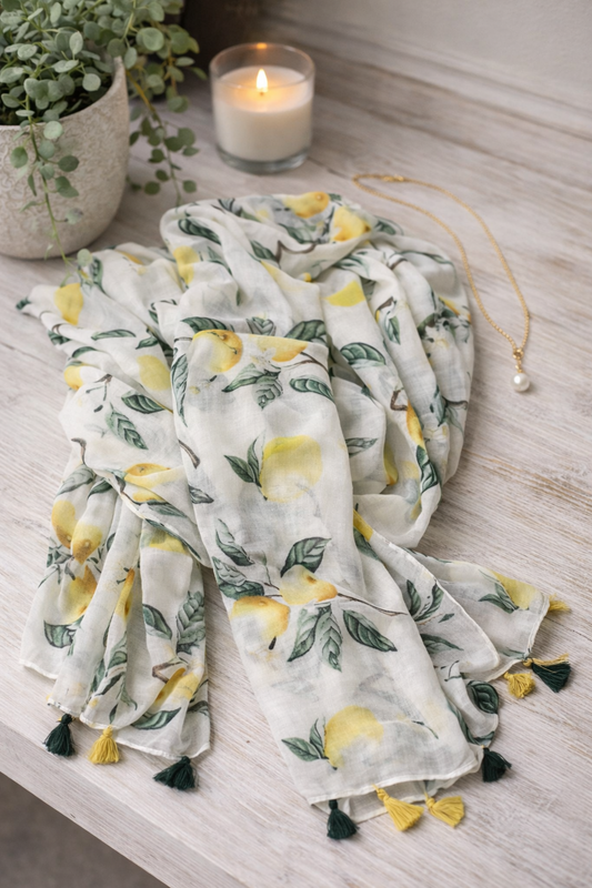 foulard blanc imprime citron avec pompons decoratifs tissu leger et fluide