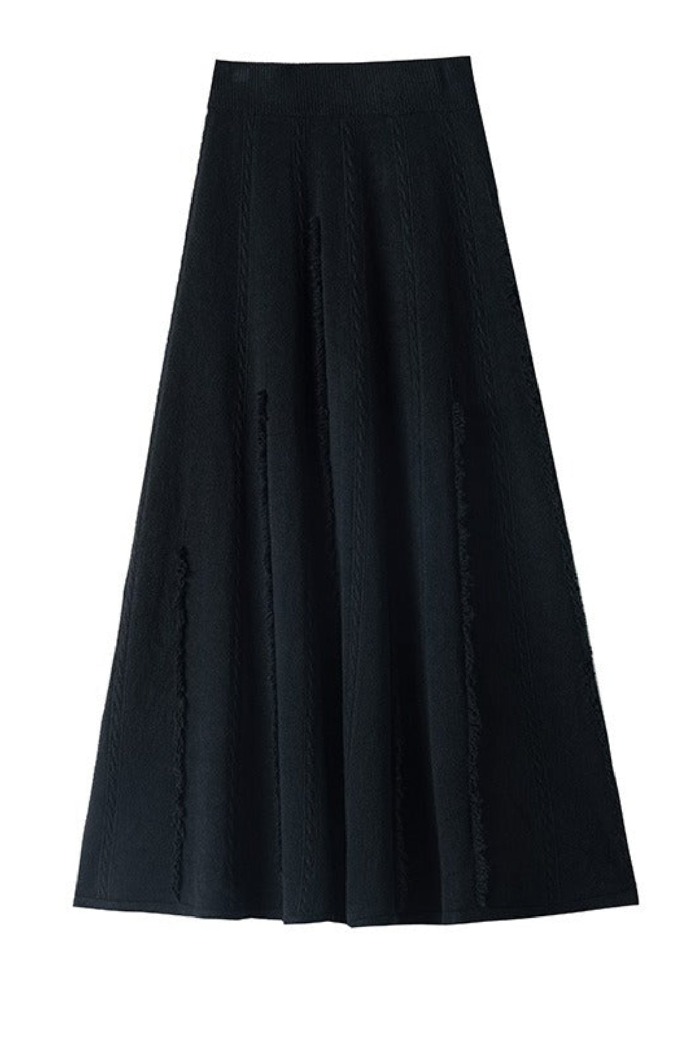 Jupe longue noire en tricot fluide vue à plat avec texture verticale