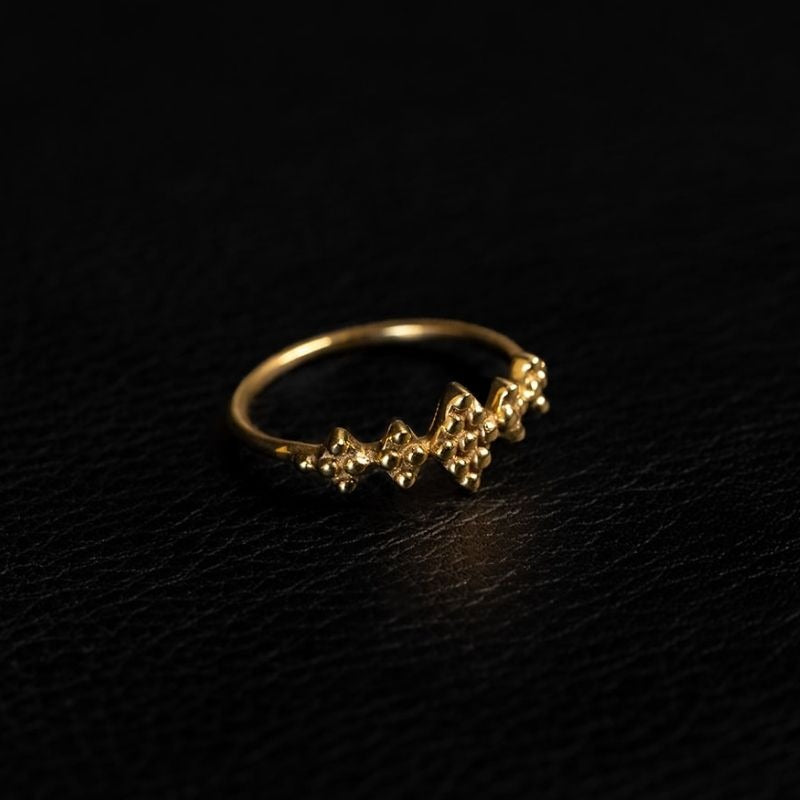 Bague dorée avec un design unique en forme de motifs géométriques ornés de petites perles métalliques. Le centre de la bague présente des losanges texturés qui créent une allure à la fois bohème et sophistiquée. Le fond noir profond souligne la brillance du métal doré et les détails raffinés de ce bijou.