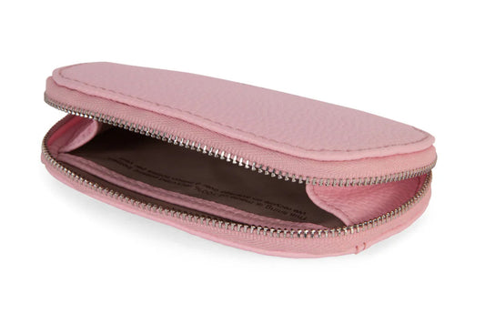 Vue intérieure du porte-cartes Nadya rose quartz avec compartiment zippé ouvert.