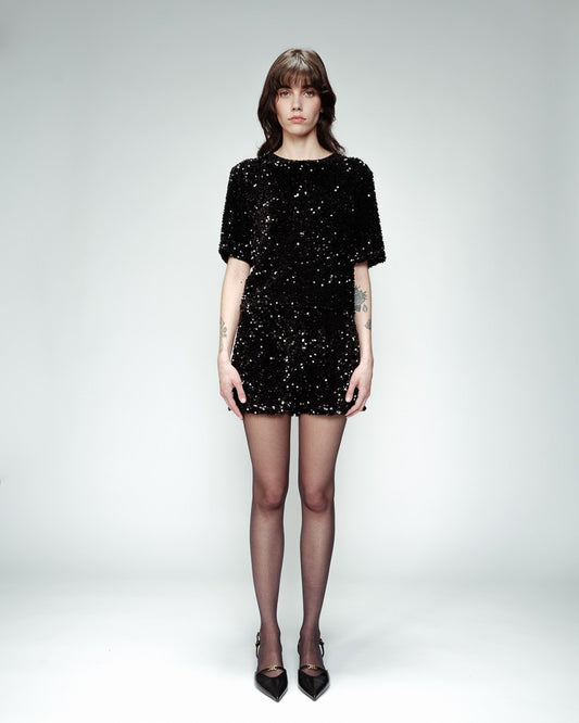 Melodie Noir - T-shirt court en sequin
