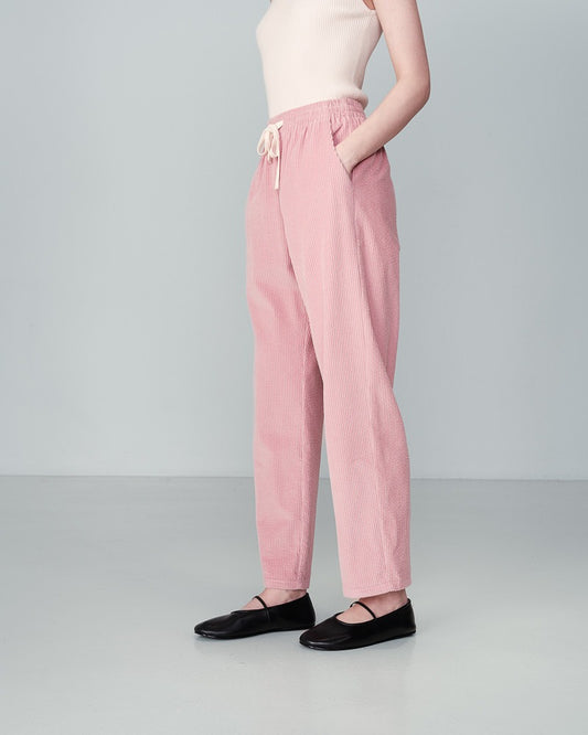 Pantalon velours côtelé en coton rose avec taille élastique et cordon de serrage à la taille
