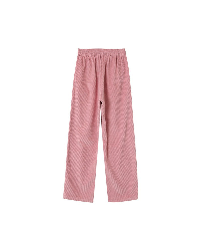 Pantalon velours côtelé en coton rose avec taille élastique et cordon de serrage à la taille
