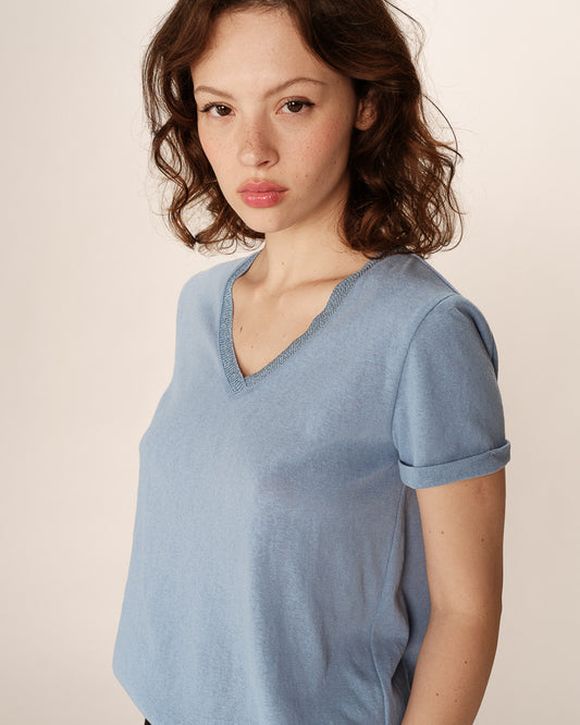 Pepito Bleu T-shirt en coton avec encolure en lurex