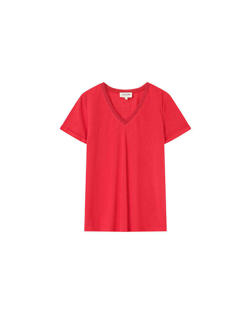 Pepito Rouge T-shirt en coton avec encolure en lurex