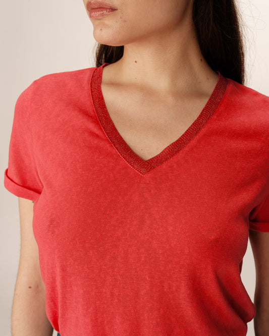Pepito Rouge T-shirt en coton avec encolure en lurex