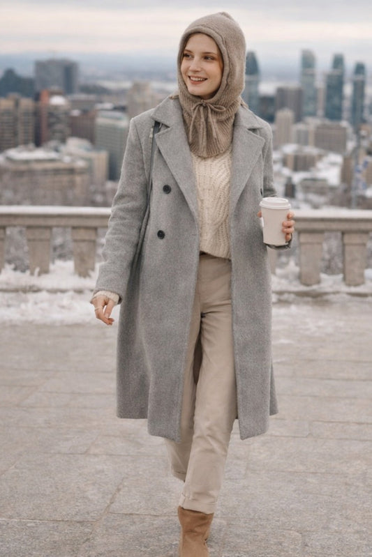 Capuche tricotée moka portée avec manteau d’hiver – style confortable et chic
