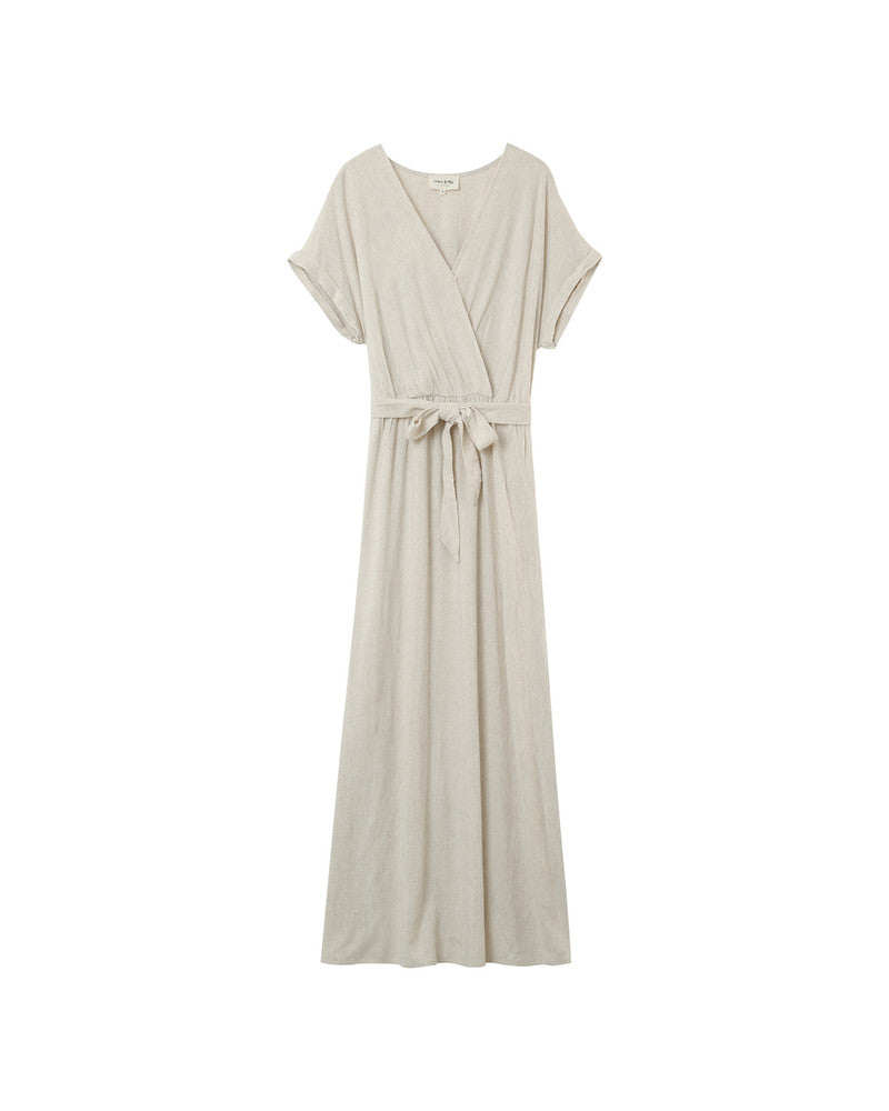 Judith Beige - Robe longue Élégante à Encolure Croisée et Taille Ceinturée