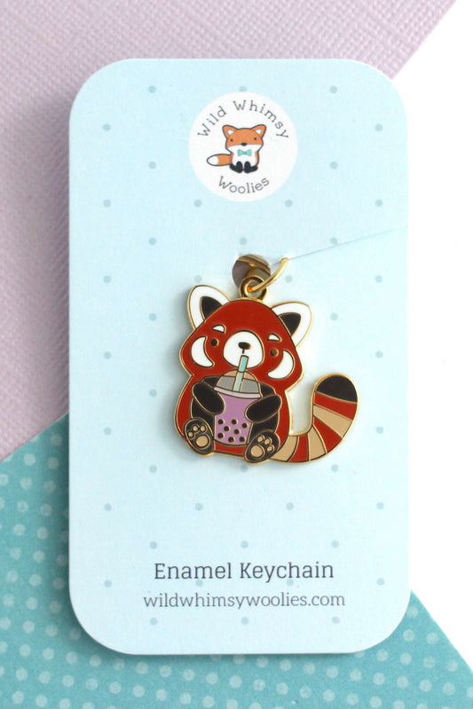 Porte-clés Panda Roux émaillé avec boisson bubble tea – anneau doré 24 mm
