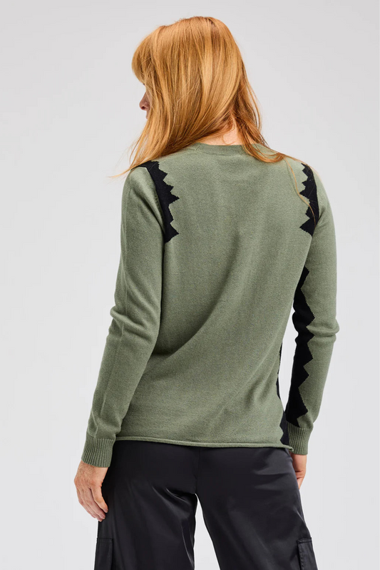 Vue arrière du pull Molly couleur sauge avec détails contrastés noirs