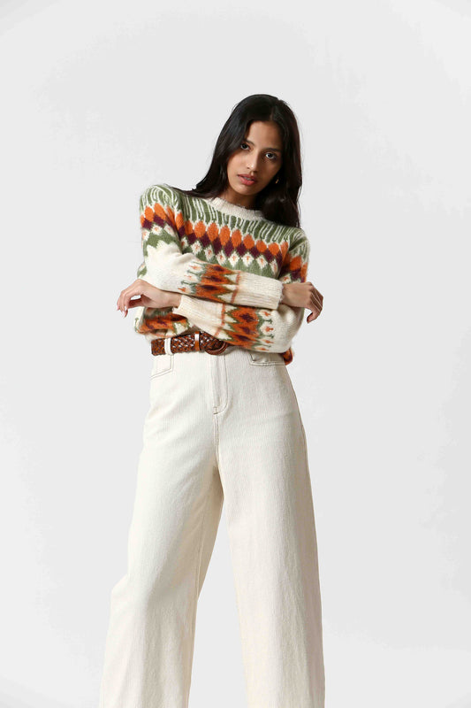 Vue de profil du pull Amanda vert à motif rétro en tricot doux