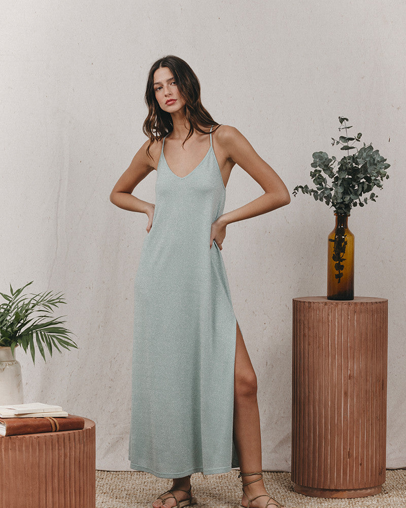 Kaya Bleu - Robe longue scintillante dos nu