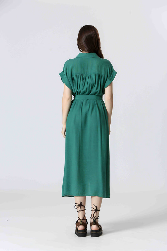 Ariane Vert Robe midi en viscose coupe chemise ceinturée