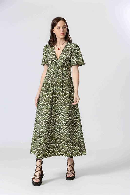 Juliette Khaki - Robe longue imprimée en viscose col V manches courtes