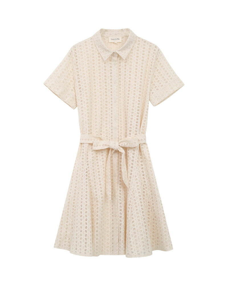 Romane Beige - Robe courte écrue dentelle col chemise ceinturée