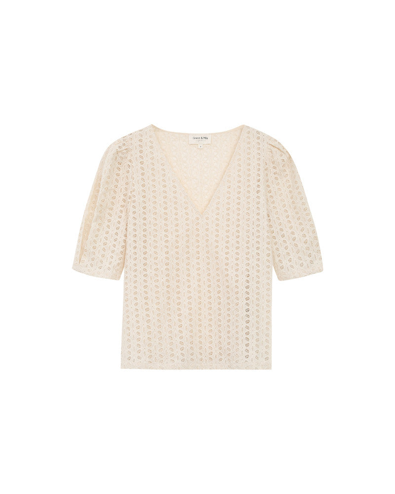 Romeo Blouse Beige à manches courtes en broderie anglaise