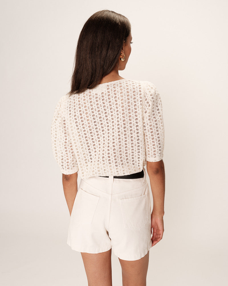 Romeo Blouse Beige à manches courtes en broderie anglaise