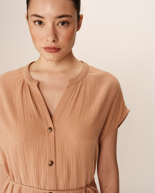Rozana Camel - Robe courte en gaz de coton