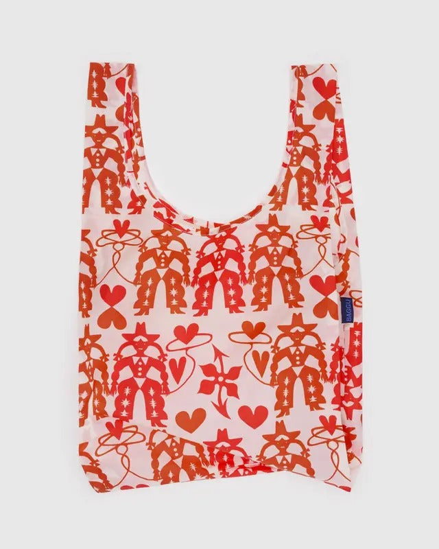 Sac réutilisable Baggu Standard motif Cowgirl – vue de face dépliée, motifs rouges et roses