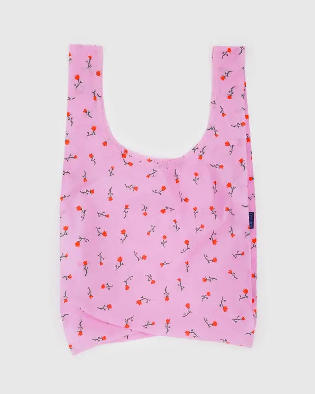 Sac réutilisable Baggu déplié à plat, motif floral peint à la main