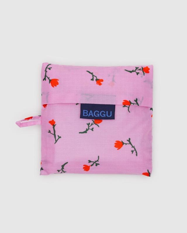 Sac réutilisable Baggu plié, motif fleur sauvage peinte, fond rose