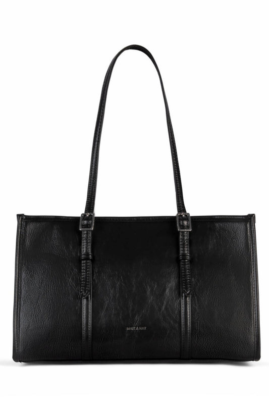 Vue de face du sac Zephyr noir, cabas rectangulaire avec poignées réglables