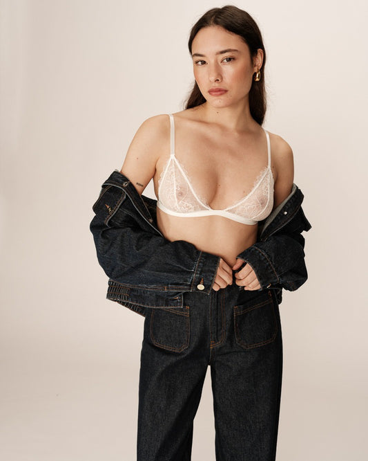 Vue portée – Soutien-gorge blanc en dentelle et veste ouverte