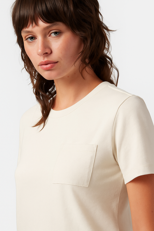 ros plan sur le t-shirt blanc cassé en coton bio – poche plaquée et col rond classique