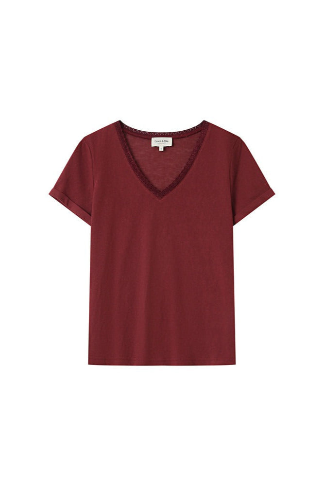 T-shirt bordeaux col V à plat, bordure lurex