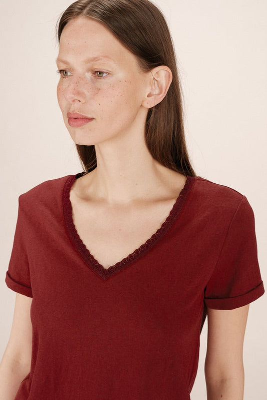 Zoom sur encolure V avec bordure lurex scintillante